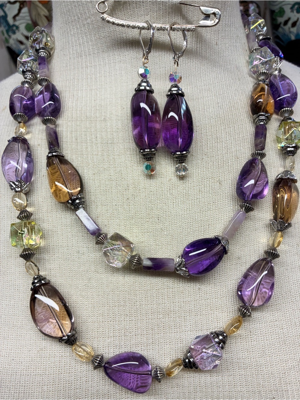 Ametrine , citrine & amethyst Bead Necklace & Earring Set